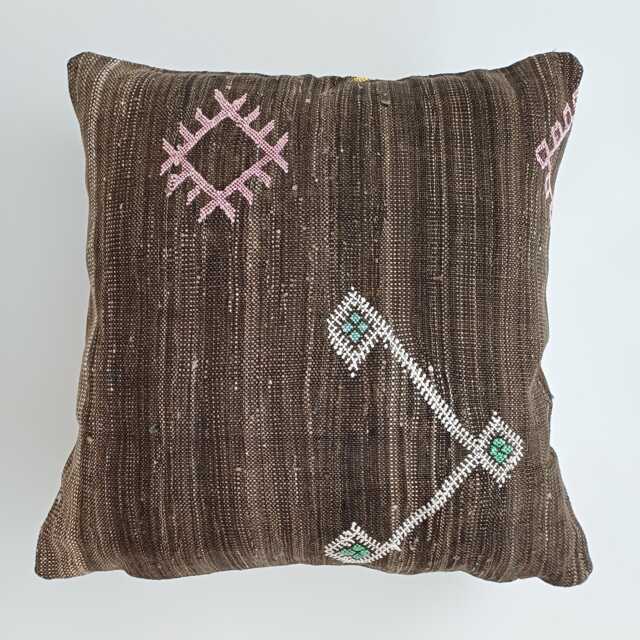 Moroccan Cactus Silk Cushion Cover, Handmade Charcoal Brown Sabra Throw Pillow, Scatter 20''x20''/50x50 cm - image 1