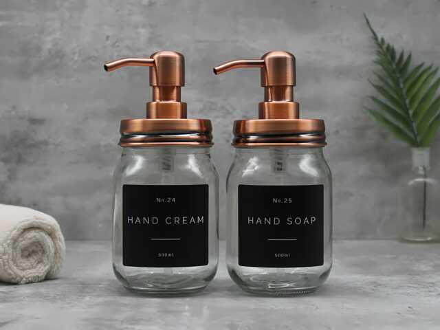 Mason Jar Soap Dispenser Copper Lid, Refillable Glass, Waterproof Label - image 1