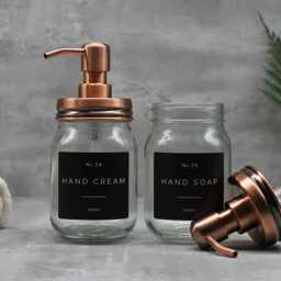 Mason Jar Soap Dispenser Copper Lid, Refillable Glass, Waterproof Label - thumbnail 2