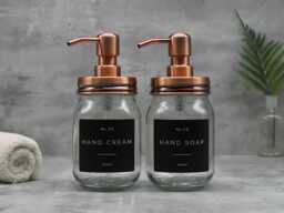 Mason Jar Soap Dispenser Copper Lid, Refillable Glass, Waterproof Label - thumbnail 1