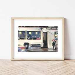 Nighttime Streetscape - Neon Sign Rainy Night Date Poster Cocktail Bar - thumbnail 1