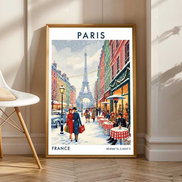 Paris Eiffel Tower Vintage Travel Poster Red, Blue & Green Illustration - image 1