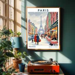 Paris Eiffel Tower Vintage Travel Poster Red, Blue & Green Illustration - thumbnail 2
