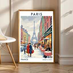 Paris Eiffel Tower Vintage Travel Poster Red, Blue & Green Illustration - thumbnail 1