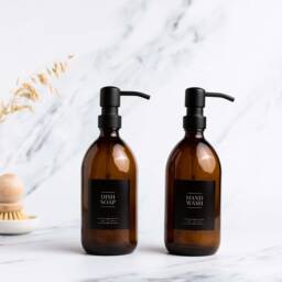 Amber Glass Soap Dispenser Refillable Bottle With Black Stainless Steel Pump - thumbnail 2