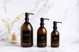 Amber Glass Soap Dispenser Refillable Bottle With Black Stainless Steel Pump - thumbnail 1