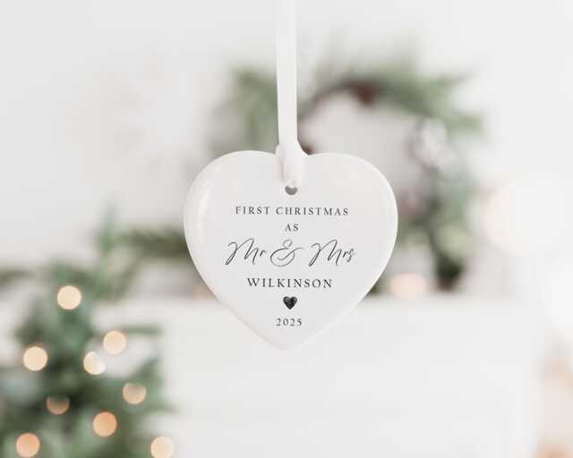 Personalised First Christmas Married Bauble - Ceramic Tree Decoration Gift Ornament Mr & Mrs Keepsake Heart - image 1