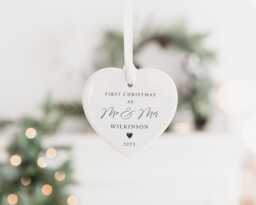 Personalised First Christmas Married Bauble - Ceramic Tree Decoration Gift Ornament Mr & Mrs Keepsake Heart - thumbnail 1