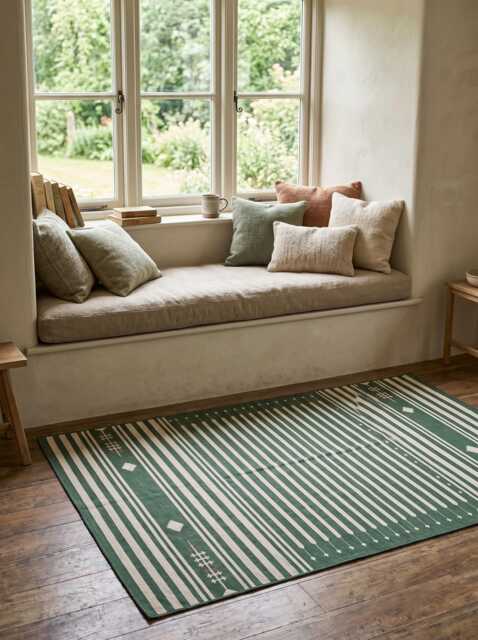 Green Striped Cotton Rug - Handwoven Flatweave Dhurrie With Geometric Tribal Details For Living Room & Designer Interiors in Custom Options - image 1