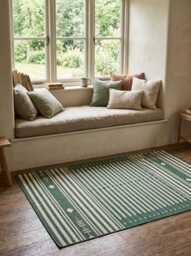 Green Striped Cotton Rug - Handwoven Flatweave Dhurrie With Geometric Tribal Details For Living Room & Designer Interiors in Custom Options - thumbnail 1