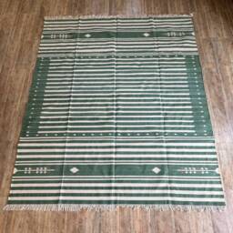 Green Striped Cotton Rug - Handwoven Flatweave Dhurrie With Geometric Tribal Details For Living Room & Designer Interiors in Custom Options - thumbnail 2