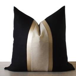 Modern Linen & Leather ??? Black Throw Pillow With Cognac Faux Accent Stripes - Rustic, Minimilistm, Dark Academia -- Lumbar Available - thumbnail 4