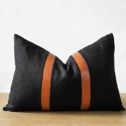 Modern Linen & Leather ??? Black Throw Pillow With Cognac Faux Accent Stripes - Rustic, Minimilistm, Dark Academia -- Lumbar Available - thumbnail 3