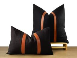 Modern Linen & Leather ??? Black Throw Pillow With Cognac Faux Accent Stripes - Rustic, Minimilistm, Dark Academia -- Lumbar Available