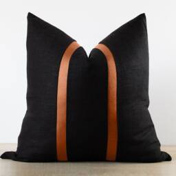 Modern Linen & Leather ??? Black Throw Pillow With Cognac Faux Accent Stripes - Rustic, Minimilistm, Dark Academia -- Lumbar Available - thumbnail 2