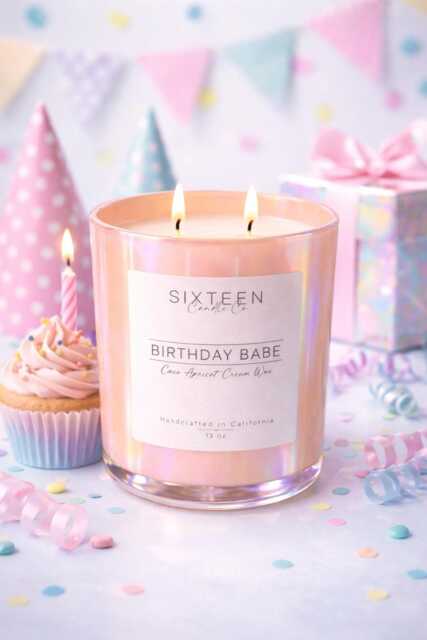 Birthday Babe Candle Coconut Apricot Creme Wax, Iridescent Pink Jar - image 1