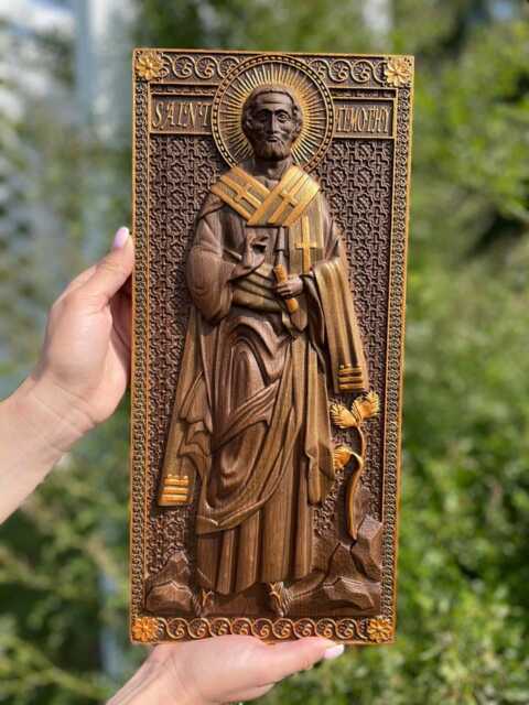 Saint Timothy Wooden Carved Icon Personalized Religious Wall Art Personalized, 7 Colors, Tax Free - image 1