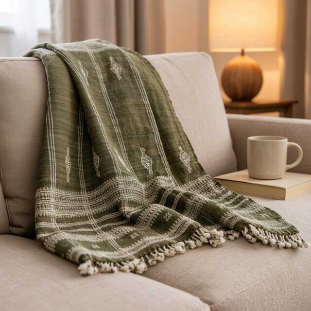 Olive Green Indian Wool Throw Blanket, Handwoven Sofa Coverlet & Boho Bed Runner - Oliver - image 1