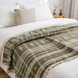 Olive Green Indian Wool Throw Blanket, Handwoven Sofa Coverlet & Boho Bed Runner - Oliver - thumbnail 2
