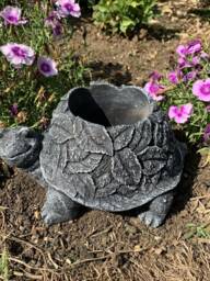 stone Garden Tortoise Leaf Detail Planter Plant Pot Black & White Ornament
