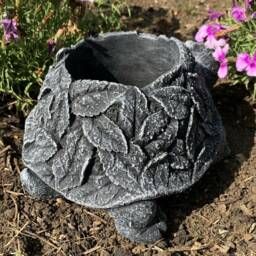 stone Garden Tortoise Leaf Detail Planter Plant Pot Black & White Ornament - thumbnail 2