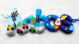 Felt Name Banner. Transport Vehicles Hot Air Ballon Plane Digger Car Truck Childrens Bedroom Decor. Nursery Personalised Baby Gift - thumbnail 1
