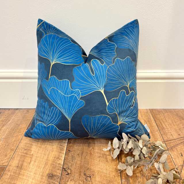 1688. Ginkgo Leaf Blue Velvet Cushion Cover, Various Sizes - image 1