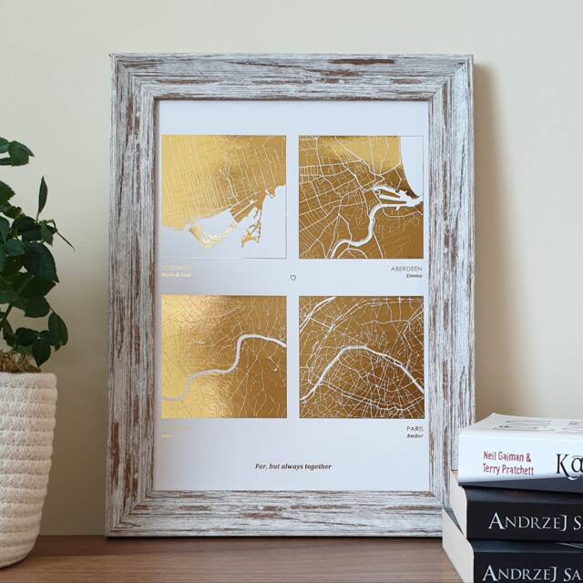 A4 Any Four Locations Metallic Map Print, Custom Multi Location Foil Personalised Print in Copper, Gold, Silver Or Rose Gold - image 1