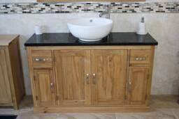 Oak Bathroom Vanity Unit 123cm Wide With Black Quartz Top & Ceramic Basin Set 402Bqcbcx1 - thumbnail 1