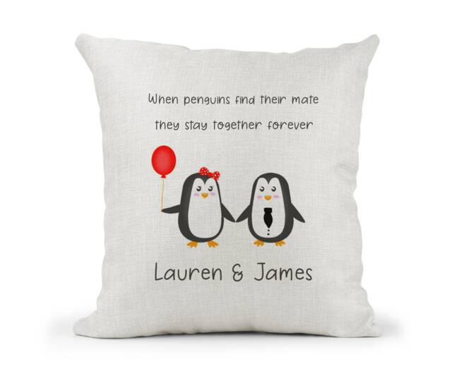 Personalised Penguin Couple Cream Canvas Cushion, Scatter Wedding, Engagement Gift, Soulmates, Cute Penguins - image 1