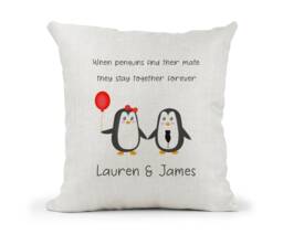 Personalised Penguin Couple Cream Canvas Cushion, Scatter Wedding, Engagement Gift, Soulmates, Cute Penguins - thumbnail 1