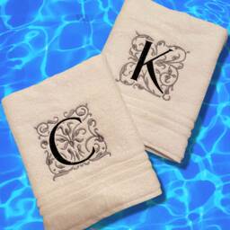 Embroidered Monogrammed Towels. Stunning Design On A Luxuriously Soft 100% Cotton 700Gsm Towel. Available in 2 Sizes & 3 Colours