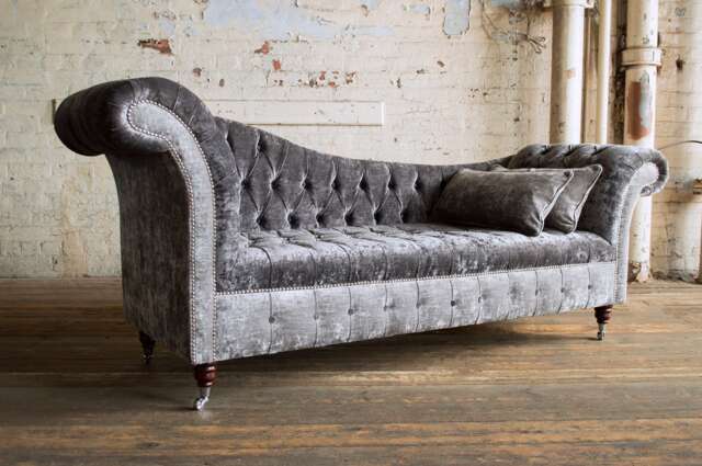Grey & Silver Velvet Chesterfield Chaise Lounge, Unique British Handmade Furniture - image 1