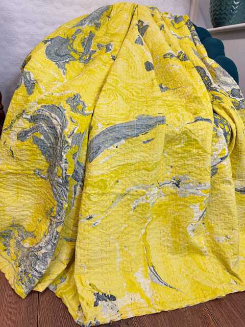 Kantha Stitch Pure Cotton Reversible Bed/Sofa Throw King Size - Handmade Handprinted Floral Dohar Yellow Grey White Marble Effect - image 1