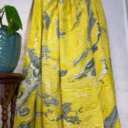 Kantha Stitch Pure Cotton Reversible Bed/Sofa Throw King Size - Handmade Handprinted Floral Dohar Yellow Grey White Marble Effect - thumbnail 3