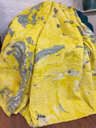 Kantha Stitch Pure Cotton Reversible Bed/Sofa Throw King Size - Handmade Handprinted Floral Dohar Yellow Grey White Marble Effect