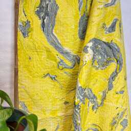 Kantha Stitch Pure Cotton Reversible Bed/Sofa Throw King Size - Handmade Handprinted Floral Dohar Yellow Grey White Marble Effect - thumbnail 2