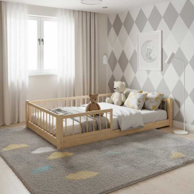 Montessori Floor Toddler Bed - Solid Pine Wood Single, Small Double, Double Size Free Delivery - image 1