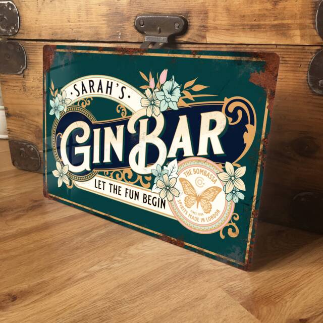 Personalised Gin Bar Sign Metal Wall Door Shelf Accessory, Vintage Retro Home Pub Outside Plaque, Waterproof Aluminium, 200mm X 305mm - image 1