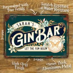 Personalised Gin Bar Sign Metal Wall Door Shelf Accessory, Vintage Retro Home Pub Outside Plaque, Waterproof Aluminium, 200mm X 305mm - thumbnail 2
