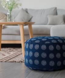 Indigo Batik Ottoman Pouf, Hmong Sun Motif Floor Cushion - thumbnail 1