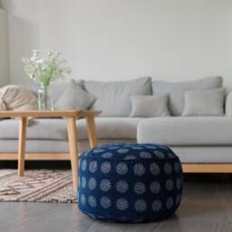 Indigo Batik Ottoman Pouf, Hmong Sun Motif Floor Cushion - thumbnail 2