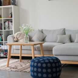 Indigo Batik Ottoman Pouf, Hmong Sun Motif Floor Cushion - thumbnail 3