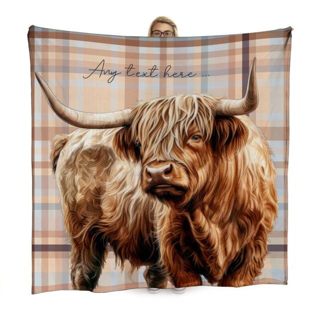 Highland Cow - Beige Check Printed Tartan Fleece Throw Blanket - 150cm X Large Made in England