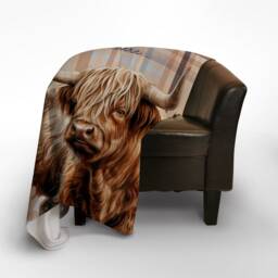 Highland Cow - Beige Check Printed Tartan Fleece Throw Blanket - 150cm X Large Made in England - thumbnail 2