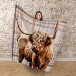 Highland Cow - Beige Check Printed Tartan Fleece Throw Blanket - 150cm X Large Made in England - thumbnail 3
