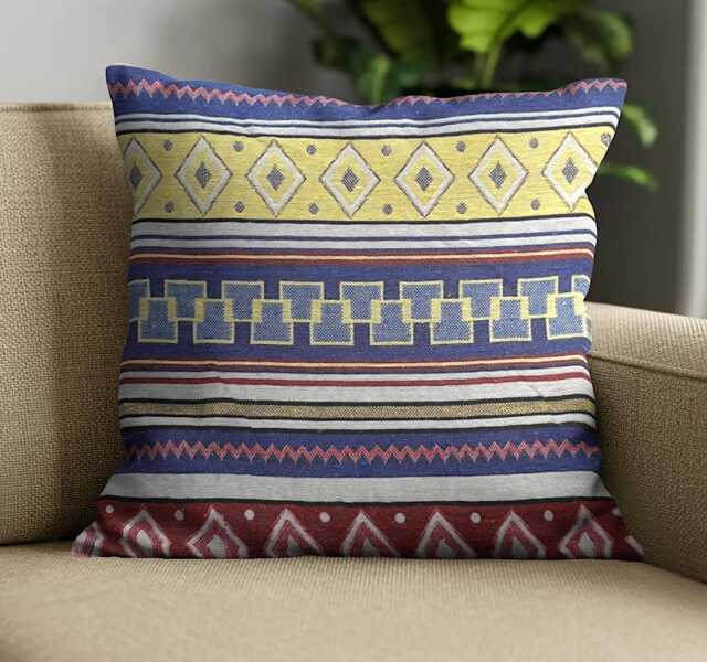 "Mexican Textured Cushion Cover - Ethnic Blue, Gold & Red Striped Decor 18""/20" - image 1