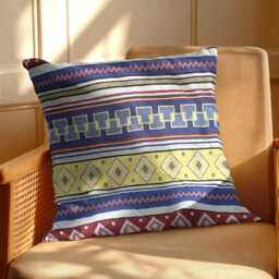 "Mexican Textured Cushion Cover - Ethnic Blue, Gold & Red Striped Decor 18""/20" - thumbnail 2
