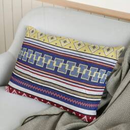"Mexican Textured Cushion Cover - Ethnic Blue, Gold & Red Striped Decor 18""/20" - thumbnail 3
