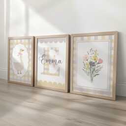 Girls Nursery Set Of 3 Wall Art, Goose, Yellow Gingham Floral Print & Personalised Name Initial, A5-A2 Framed Or Unframed Room Decor - thumbnail 1